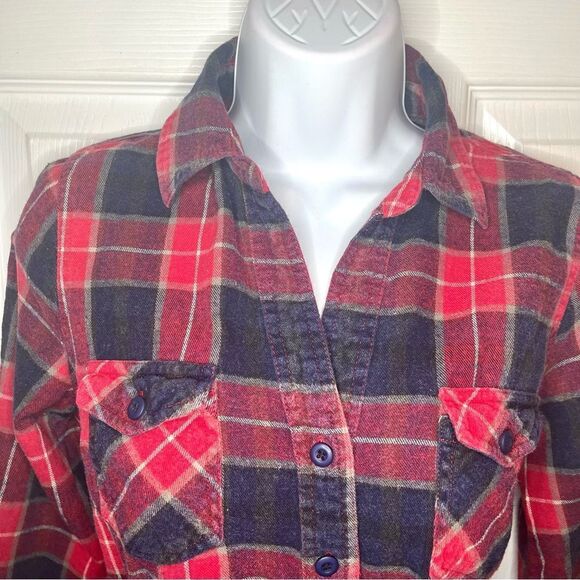 Forever 21 Navy Red Cotton Plaid Button Down Tie Front Top M - Picture 6 of 13